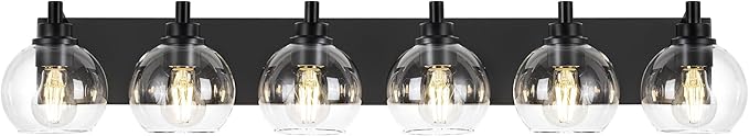Bathroom Light Fixtures, 6 Light Matte Black Vanity Light, 38 Inch Modern Wall Sconces with Globe Clear Glass Shade, Vanity Lighting Fixtures Over Mirror, VL195-MB-6