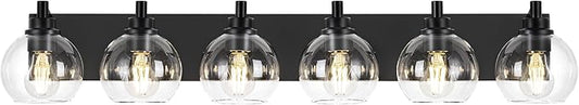 Bathroom Light Fixtures, 6 Light Matte Black Vanity Light, 38 Inch Modern Wall Sconces with Globe Clear Glass Shade, Vanity Lighting Fixtures Over Mirror, VL195-MB-6