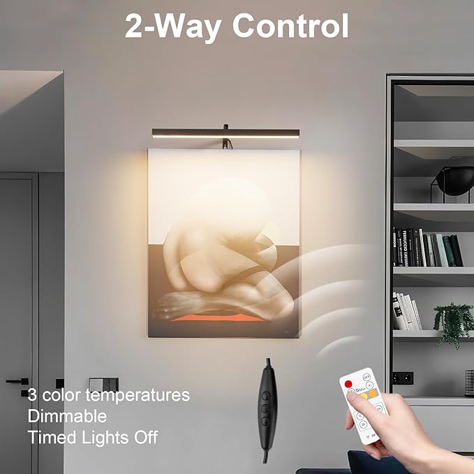 Plug in Picture Lights for Wall, 16 inch Dimmable LED Art Light with Remote, 3 Colour Temperature Gallery Painting Wall Light for Picture Display Dartboard Art Work (Black)