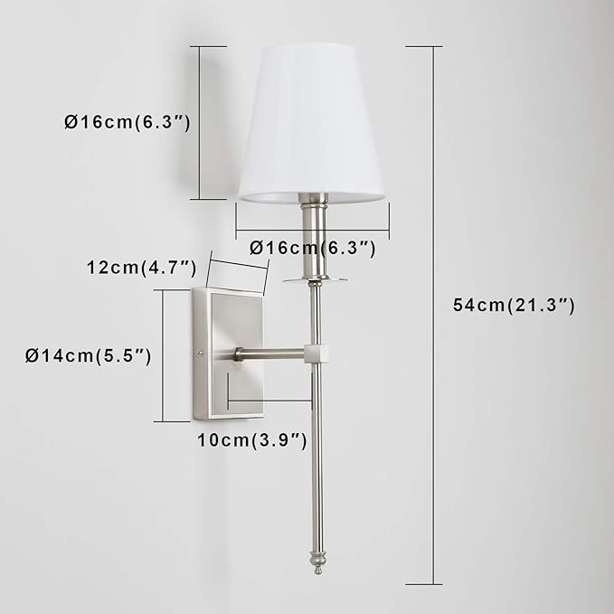 PERMO Single Classic Rustic Industrial Wall Sconce Hardwired Lighting Fixture with Flared White Textile Lamp Shade and Brushed Nickel Tapered Column Stand,Hardwired E26 Base