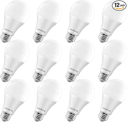 LUXRITE A19 LED Light Bulbs 100 Watt Equivalent Dimmable, 3500K Natural White, 1600 Lumens, Enclosed Fixture Rated, Standard LED Bulbs 15W, Energy Star, E26 Medium Base - Indoor and Outdoor (12 Pack)