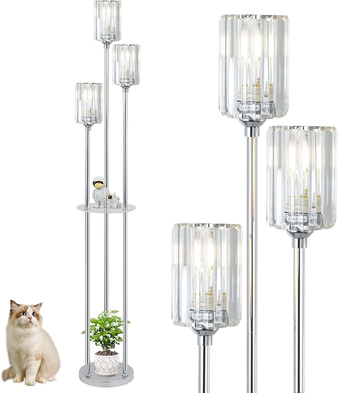 HMVPL Crystal Floor Lamps for Living Room, Modern Floor Lamp with Shelves, 3-Lights Standing Lamp with Crystal Shade, On/Off Foot Switch, Silver Corner Floor Lamp for Bedroom Living Room Office(66")