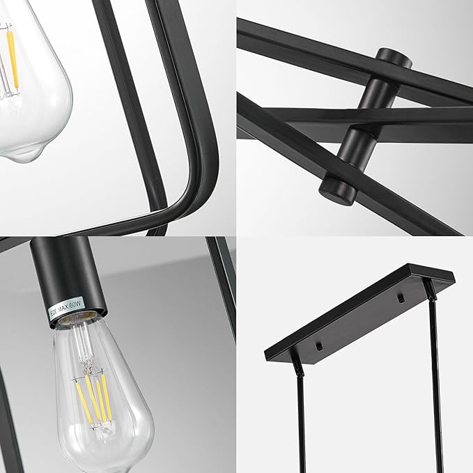 Dining Room Light Fixture/Chandelier Over Table,5-Light Kitchen Island Lighting Hanging for Farmhouse Linear Chandeliers Matte Black Rectangle Rustic Ceiling Pendant Light Fixtures, Height Adjustable