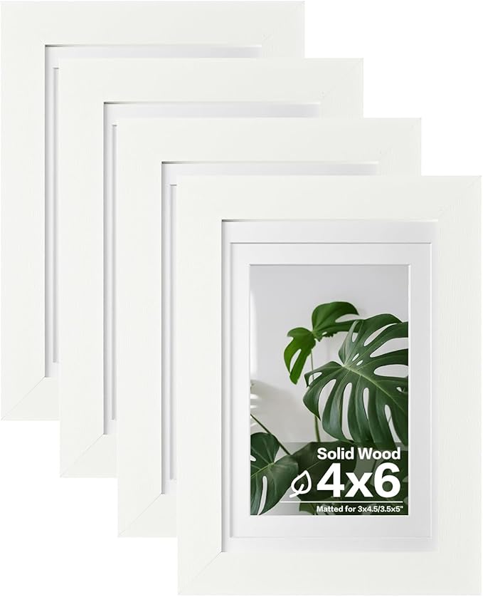 Egofine 4x6 Picture Frames 4PCS Covered by Plexiglass for Picture 3x4.5/3.5x5 with Mat or 4x6 whitout Mat Made of Solid Wood for Table Top Display and Wall Mounting Photo Frame, White with Texture