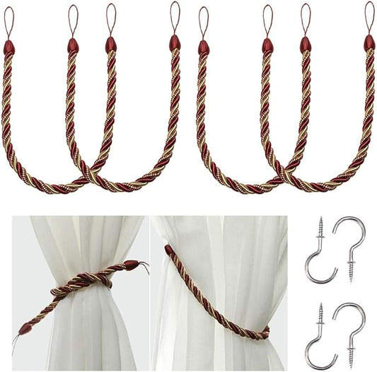 BEL AVENIR Curtain Rope Tiebacks, Drapery Rope Holdbacks with 4 Metal Screw Hooks (MIX red, 4pack)