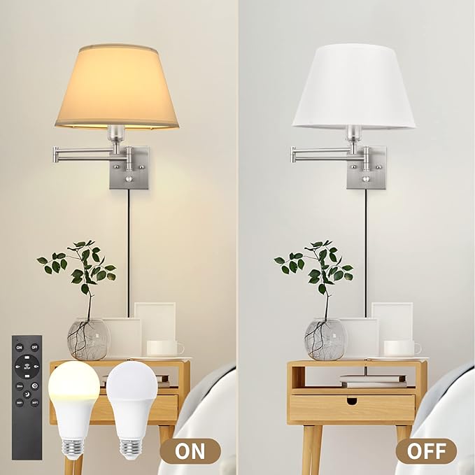TRLIFE Dimmable Wall Sconce with Remote Control, Adjustable Color Temperature 2700K-6500K and Dimming 10-100% Swing Arm Wall Lights with Plug in Cord, 11.8" Large White Fabric Shade(2 Pack, 2 Bulbs)