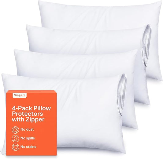 Ultra Soft Pillow Protectors with Zipper Queen Size - Set of 4 Breathable Pillow Covers - 100% Protection Against Stains, Dust & Dirt - Machine Washable (White)