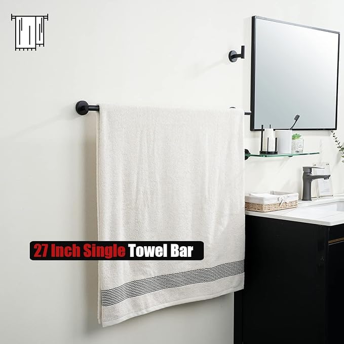 JQK Black Bath Towel Bar, 30 Inch 304 Stainless Steel Thicken 0.8mm Towel Rack Bathroom, Towel Holder Matte Black Wall Mount, Useable Length 27 Inch, TB110L27-PB