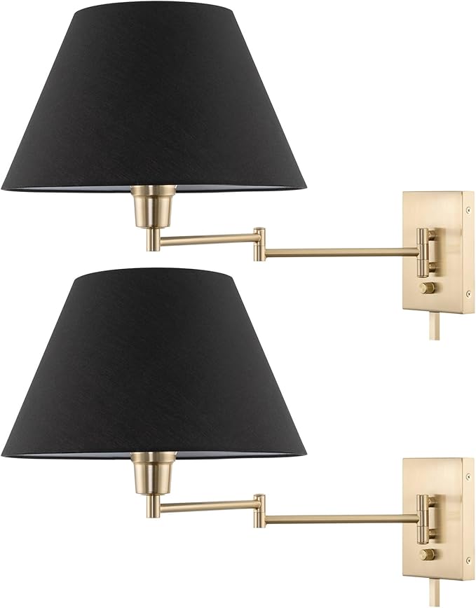 Kira Home Cambridge 15" Modern Swing Arm Wall Lamp - Plug in/Wall Mount + Black Fabric Shade, Cool Brass Finish, 2-Pack