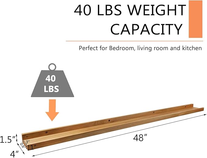 Long Floating Shelf 48 Inch Natural Wood Shelves, Rustic Display Books Picture Ledge Shelf for Wall Mounted, Natural Solid Oak Wood Shelf, Easy to Install, Natural Color, 48 *4 *1.5 (1 Pack)