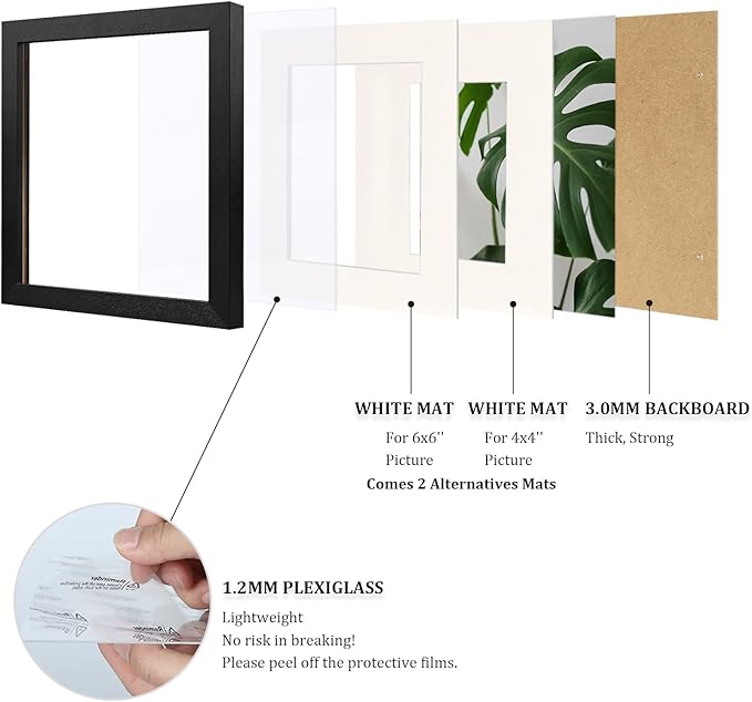 Egofine 8x8 Picture Frame 4PCS, Made of Solid Wood Covered by Plexiglass Display 4x4/6x6 with Mat or 8x8 without Mat, for Table Top Display and Wall Mounting Photo Frame, Black with Texture