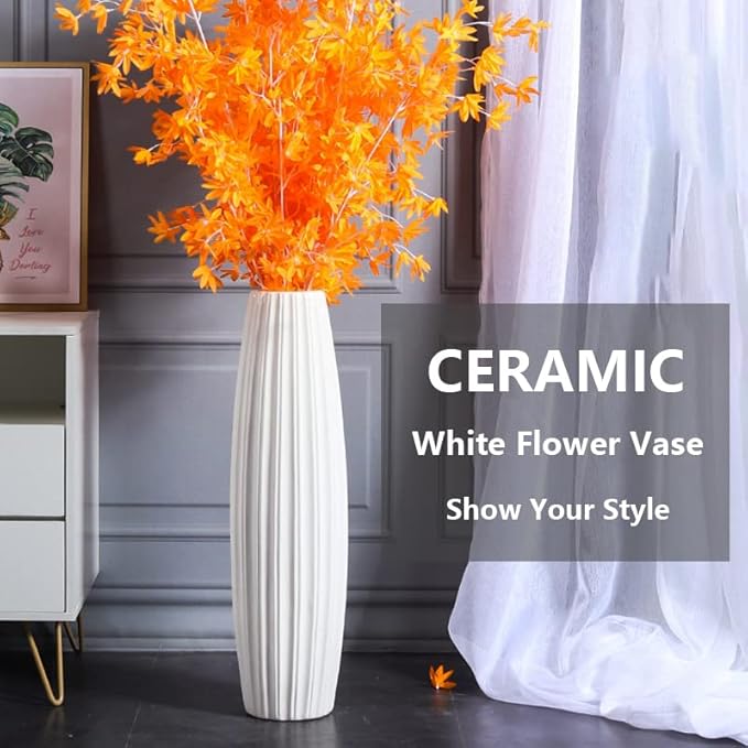 White Tall Floor Vase, 24" Ceramic Large Vase, Decorative Flower Vases for Modern Home Decor Living Room Office Bedroom Kitchen Wedding Centerpieces Farmhouse Décor