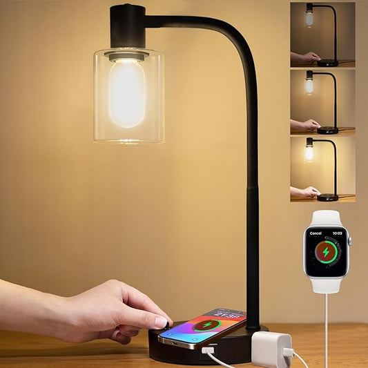 Industrial Table Lamp with Wireless Charing, Fully Stepless Dimmable Lamps Nightstand Lamps, Desk Lamp with Glass Shade Reading Lamp for Office Living Room (Black)