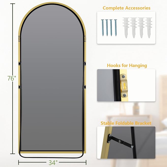 MELOMOIR 76"x34" Gold Mirror Full Length, Large Mirror Full Length for Bedroom Living Room Cloakroom Home Gym, Free Standing Leaning or Wall Mounted, Arched Top Thin Aluminum Frame, Tempered Glass