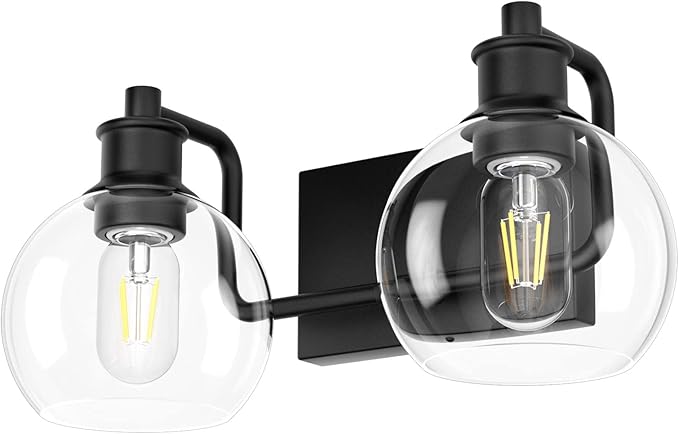 Tipace 2 Lights Industrial Bathroom Vanity Light Fixtures Over Mirror Black Vintage Vanity Lights with Globe Clear Glass Farmhouse Wall Sconces Fixture(Exclude Bulb)