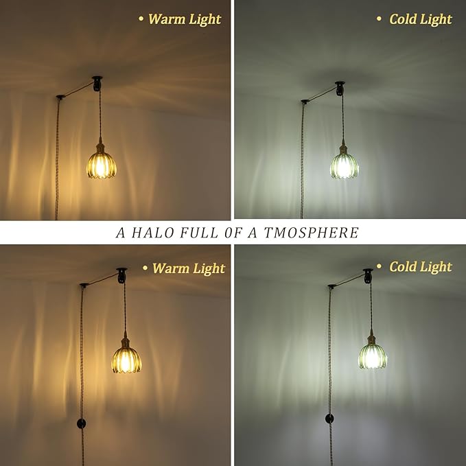 Mini Plug in Pendant Light Hanging Light Fixture Corded On/Off Switch Brass Pendant Light with Green Tulip Glass Lampshade for Bedroom Living Room Kitchen Island