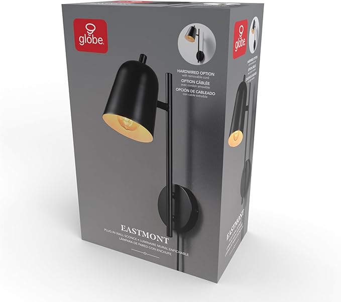 GLOBE Electric 65000049 1-Light Plug-in or Hardwire Wall Sconce, Matte Black, Pivoting Shade, Black Braided Fabric Designer Cord, Hanging Lamp, Wall Lights for Living Room, Bedroom, Den