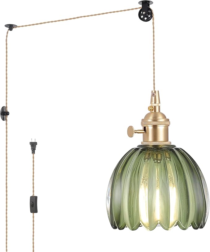 Mini Plug in Pendant Light Hanging Light Fixture Corded On/Off Switch Brass Pendant Light with Green Tulip Glass Lampshade for Bedroom Living Room Kitchen Island