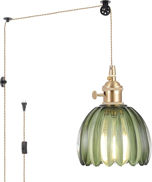 Mini Plug in Pendant Light Hanging Light Fixture Corded On/Off Switch Brass Pendant Light with Green Tulip Glass Lampshade for Bedroom Living Room Kitchen Island