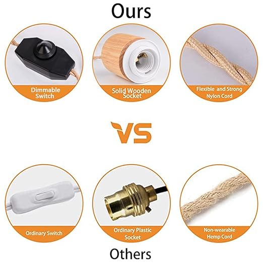 Arturesthome 9.8FT- Pendant Light Cord Kit with Dimmable Switch Vintage Lamp Twisted Nylon Cord E26 E27 Lights Socket for Farmhouse Lamp Cable DIY