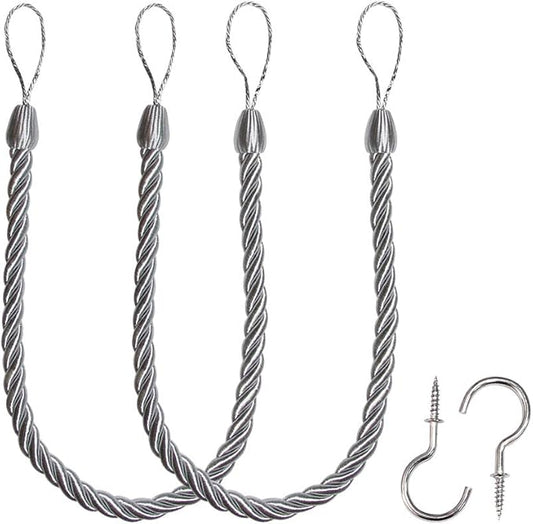 BEL AVENIR Curtain Ropes Tiebacks Tie-Backs, Curtain Handmade Holdbacks with 2 Metal Screw Hooks - Silver 2 Pack