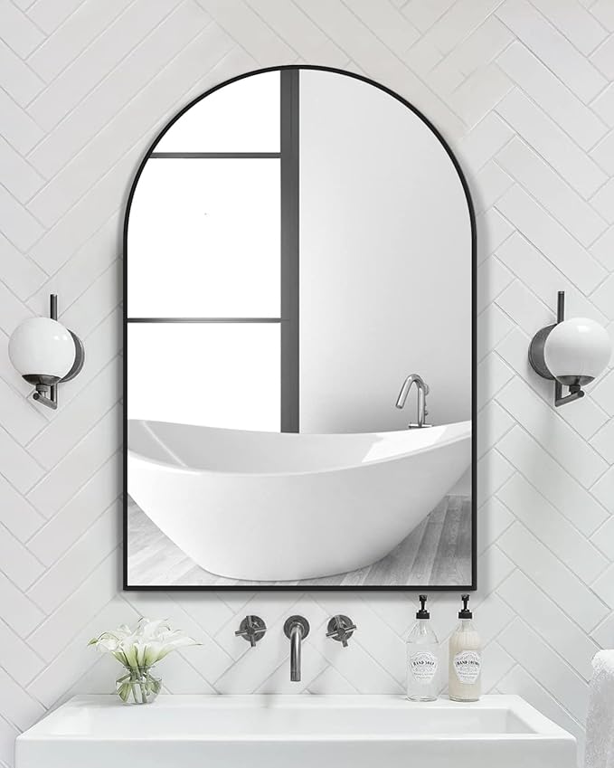 TinyTimes 24"x36" Arched Wall Mirror, Vanity Mirror, with Metal Frame, for Bathroom, Bedroom, Entryway, Modern & Contemporary Wall Mirror - Black
