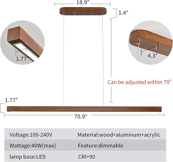 71" Walnut Wood Linear Pendant Light Dimmable LED Chandelier 40w Remote Adjustable Hanging Height Modern Farmhouse Minimalist Fixture for Kitchen Island Dining Room & Bar