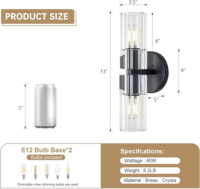 Black Crystal Wall Sconces, 13" Modern Brass Sconces Lighting with K9 Crystal Lampshade,Indoor Wall Sconce Bedroom Wall Light Fixtures for Living Room Bathroom Hallway Stairs Entryway