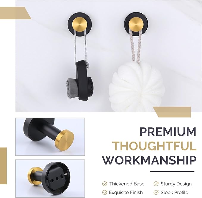 Angle Simple Hand Towel Holder Black & Gold 2 PCS, Stainless Steel Bath Towel Hook, Bathroom Robe Hanger Wall Mount