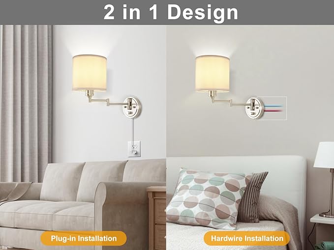 Plug in Wall Sconces with Remote Control, Dimming & Adjustable Colors 2700K-6500K, Hardwire or Plug-in, Swing Arm Wall Lamp with White Fabric Shade, Wall Sconces Set of Two, Brushed Nickel Finish