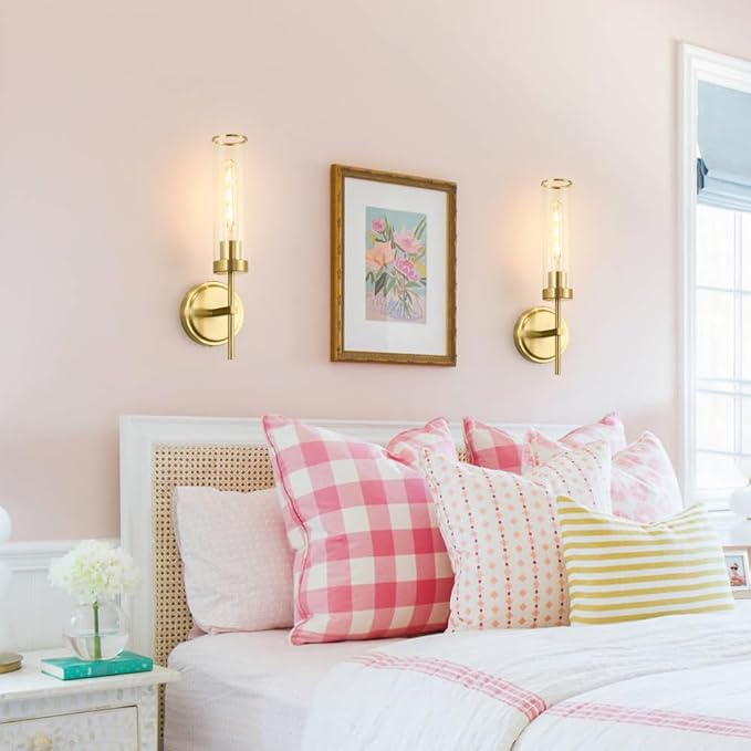 Wall Sconces Set of Two, Gold Bathroom Sconces, Modern Vanity Light Fixtures with Clear Glass, Sconces Wall Decor Set of 2, Brass Wall Mount Lights for Living Room Corridor Mirror Bedroom Stairs