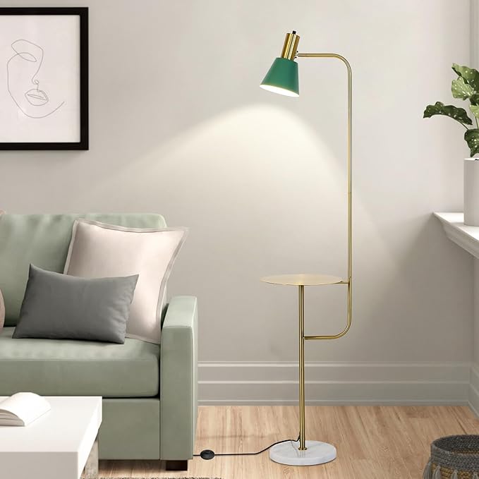 Hsyile Contemporary Modern Creative Floor Lamp with a Table,Suitable for Living Room,Den,Office,Bedroom - Standing Lamp Tall Floor Lamp - Brushed Brass Finish and Green Lampshade