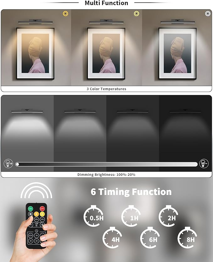 Joosenhouse Wireless Picture Light Battery Operated Gallery Light with Remote Control Rechargeable Wall Lights Black 15.35" Dimmable and Timed Off Wall Sconce Light