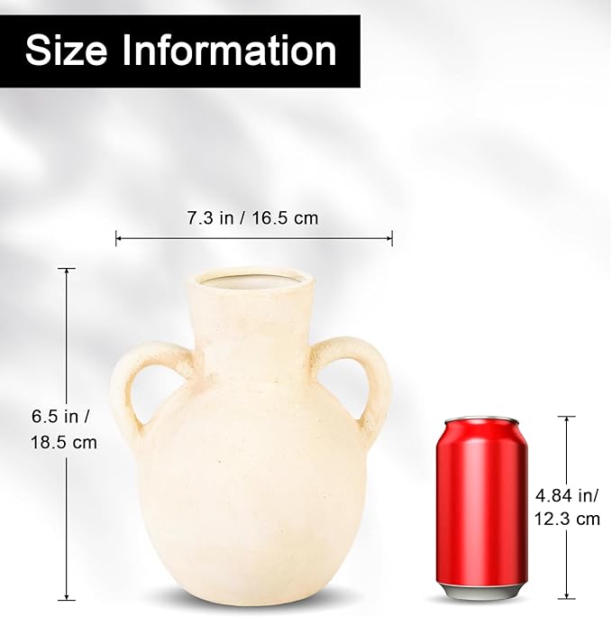 Rustic Ceramic Farmhouse Flower Vase with 2 Handles, Whitewashed Terra Cotta Vase, Decorative Pottery Flower for Home Decor, Table, Living Room, Shelf Decor, 7.3 Inch, White