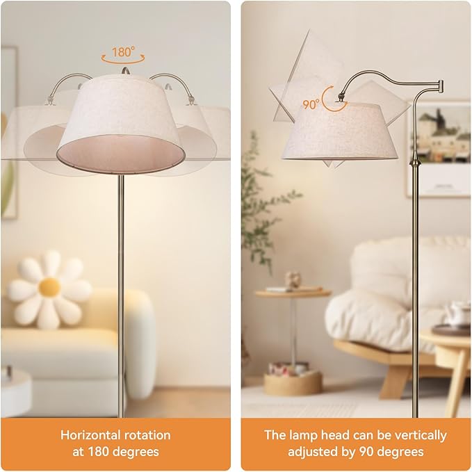 Swing Arm Floor Lamp, Brass Floor Lamps for Living Room with 180° Adjustable Cantilever, Beige Linen Lampshade, Mid Century Floor Lamp for Bedroom Office Home Nursery Study Room Hotel(Bronze)