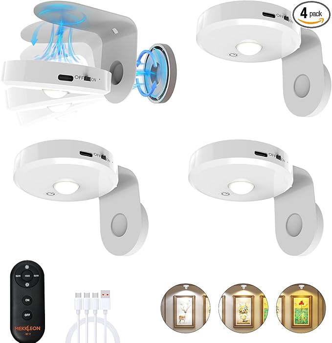 Picture Lights for Wall Wireless with Magnetic,2000mAh Rechargeable Picture Frame lights with Dimmable, Puck Lights with Remote Control,Art Lighting for Paintings,Counter, Shelf,Bookcase(4 Pack,White)