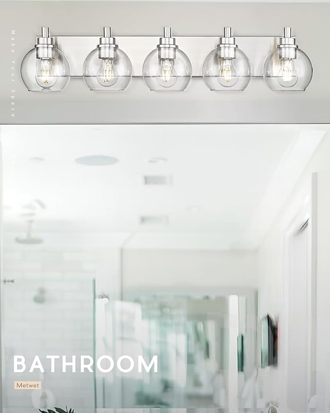Bathroom Light Fixtures, 5 Light Brushed Nickel Vanity Light, 32 Inch Modern Wall Sconces with Globe Clear Glass Shade, Vanity Lighting Fixtures Over Mirror, VL195-BN-CL-5