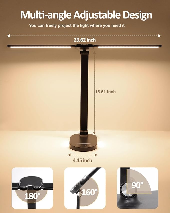 LED Desk Lamps for Home Office, 14W Double Swing Arm LED Desk Lamp with USB Charging Port, Eye-Caring Architect Task Lamp, Desktop Lamp with Night Light Table Light for Work Study Craft with Adapter