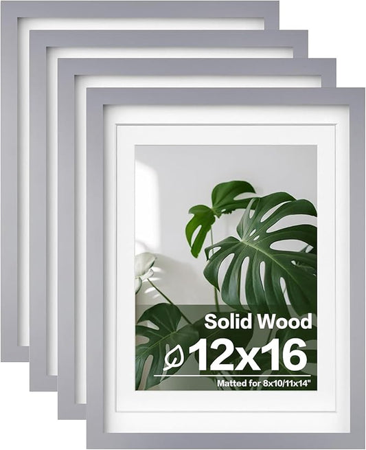 Egofine 12x16 Picture Frames with Plexiglass, Display Pictures 9x12/11x14 with Mat or 12x16 Without Mat Set of 4 for Wall Mounting,Light Grey