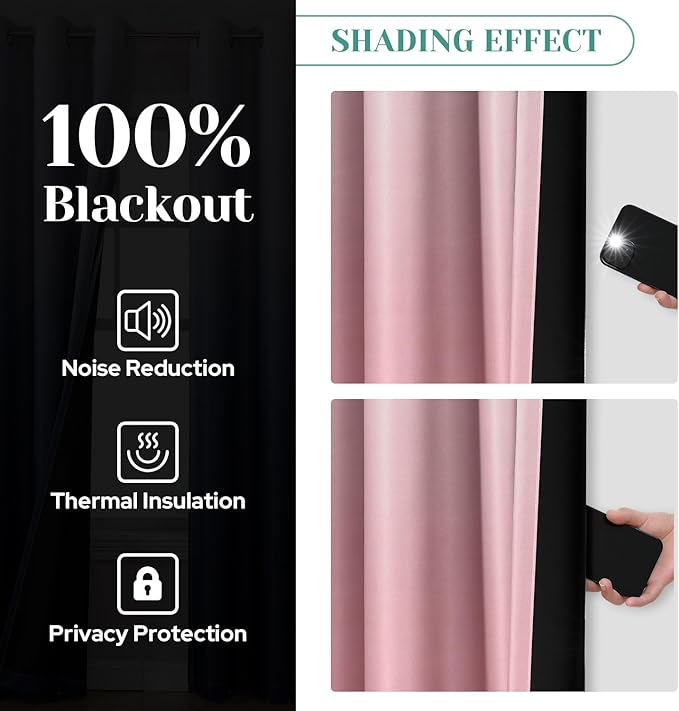 HOMEIDEAS Pink 100% Ombre Blackout Curtains for Bedroom, 52 X 96 Inches Long Room Darkening Gradient Light Blocking Thermal Insulated Grommet Drapes for Living Room, 2 Panels