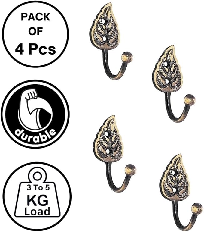 Multipurpose Hooks, Used to Hang Clothes, Bags, Coats, Curtain Hold Backs, Keys, Colour - Antique Gold, Material - Brass, Leaf Design, Screws and Wallplugs Included, Pack of 4 Pieces