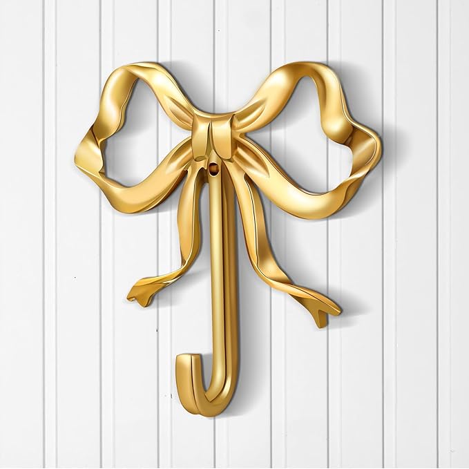 1 Pcs Coquette Gold Bow Knot Hooks Brass Bow Wall Door Hanger Towel Hooks Brass Coat Hanger Decorative Holder for Christmas Wedding Bathroom Living Room Kitchen Decor (L)