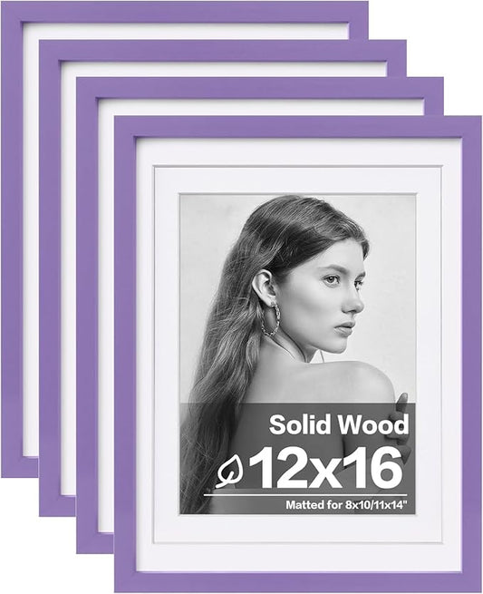 Egofine 12x16 Picture Frames 4PCS Covered by Plexiglass, Made of Solid Wood, Display Pictures 9x12/11x14 with Mat or 12x16 Without Mat for Wall Mounting, Purple