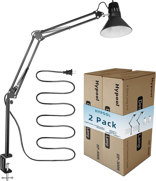 Hypool 2 Pack Desk Lamp w/A19 E26 LED Bulb for Home Office Eye-Caring Metal Extra Tall Swing Arm High Intensity Clamp Flexible Gooseneck Side Table Working Reading Computer Workbench 3000K Warm Light