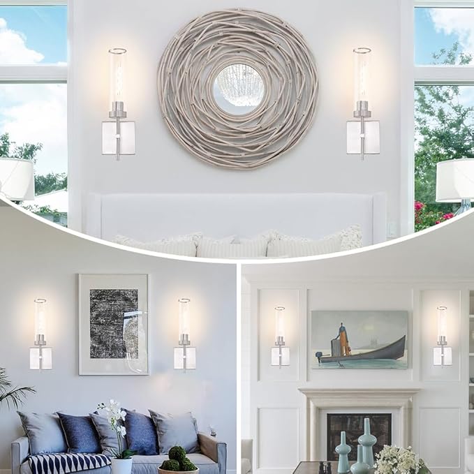 Modern Brushed Nickel Battery Operated Wall Sconce Set of 2, USB Rechargeable Bathroom Lights over Mirror, Wireless Vanity Light Fixture with Remote Control, Wall Light for Living Room Bedroom Beside