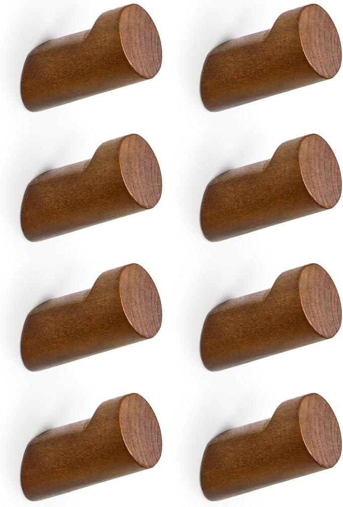 Wood Wall Hooks for Hanging, 8 Pack Hat Hook for Walls, Coat Hook Wall Mount, Backpack Hooks for Walls, Bathroom Towel Hanger (Walnut)