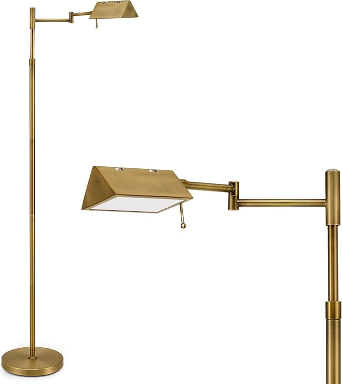 VONLUCE Dimmable LED Floor Lamp, 56" Floor Lamp for Living Room with Adjustable Height Swing Arms 3 Color Temperatures, Industrial Standing Pole Lamp for Bedroom Reading, Antique Brass