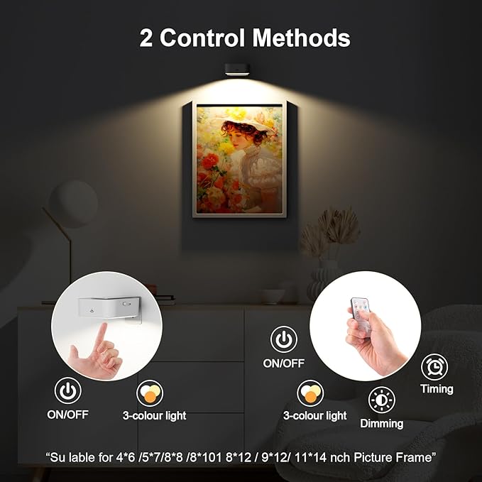 3 Pack Picture Lights for Wall, Rechargeable Battery Operated Wall Lights, Picture Frame Lights with 3 Lighting Modes, Wireless Magnetic Painting Light with Remote Control Timer (White, 3 Pack)