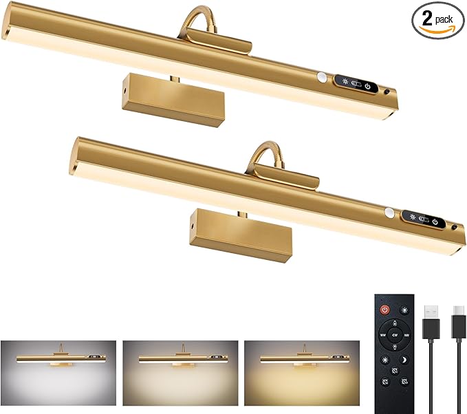 15.7'' Picture Lights for Wall with Motion Sensor, 9000mAh Rechargeable Battery Operated Poster Lights for Paintings, Portraits, Wall Decor, Gold(2pcs)