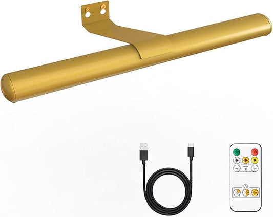 Gold Wireless Led Picture Light with Remote Control - Rechargeable Battery, Metal Art Display Accent Light, 300LM, Dimmable for Gallery, Dartboard